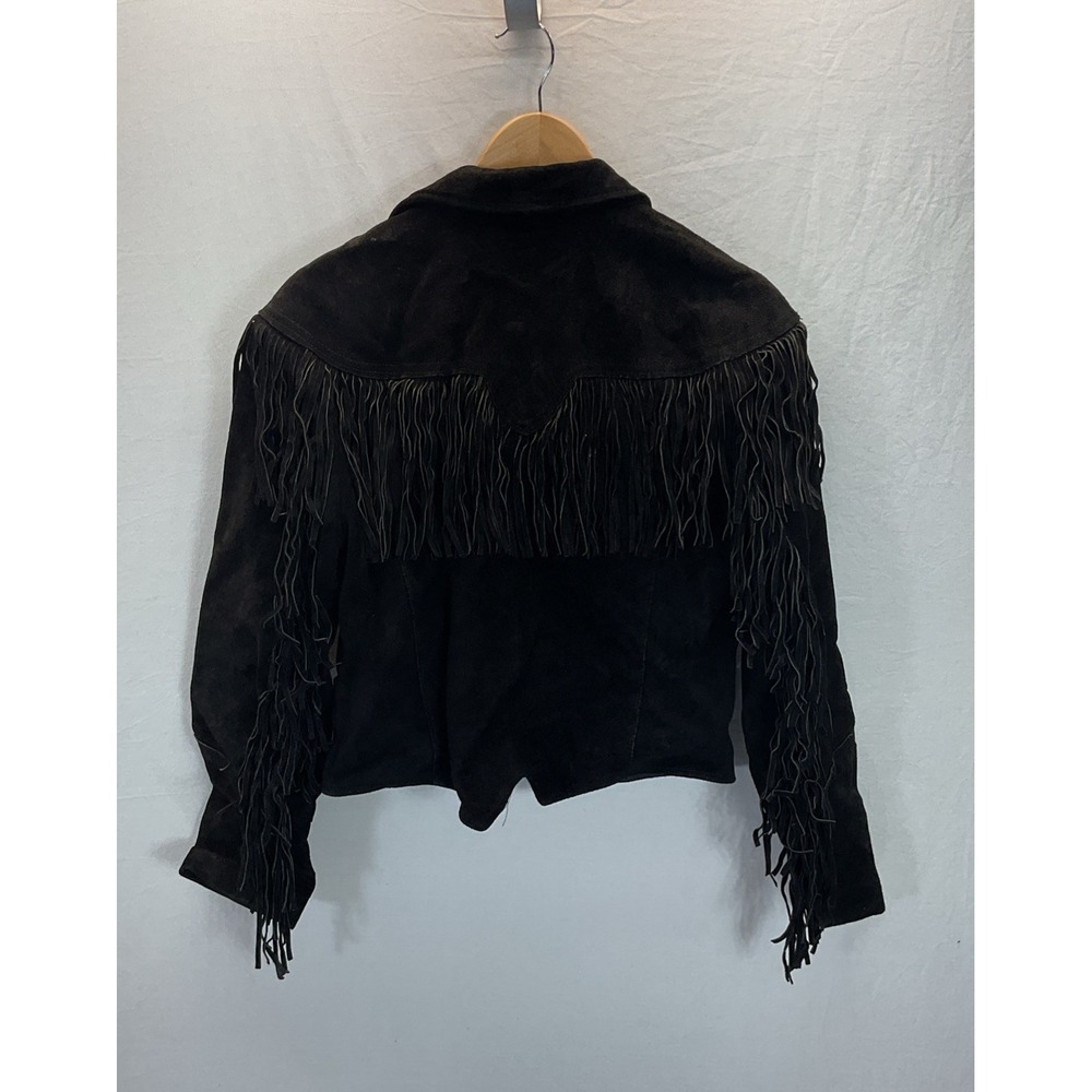 VTG Pioneer Wear Black Suede Leather Fringe 3 Button Short Jacket Western 8‎ - Picture 2 of 12